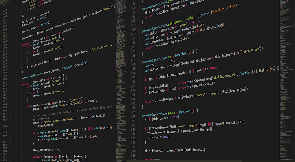 Close-up view of a computer screen displaying lines of colorful coding script with HTML tags, including headings, image links, and classes, all set against a dark background. The highlighted text show