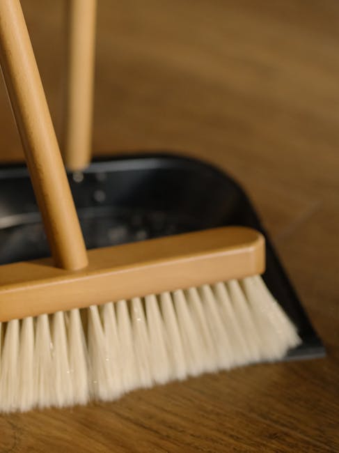 Close-up image of a hand broom with a wooden handle and dense, cream-colored bristles, resting on a dark plastic dustpan with an extended edge. The broom and dustpan are positioned on a wooden floor w
